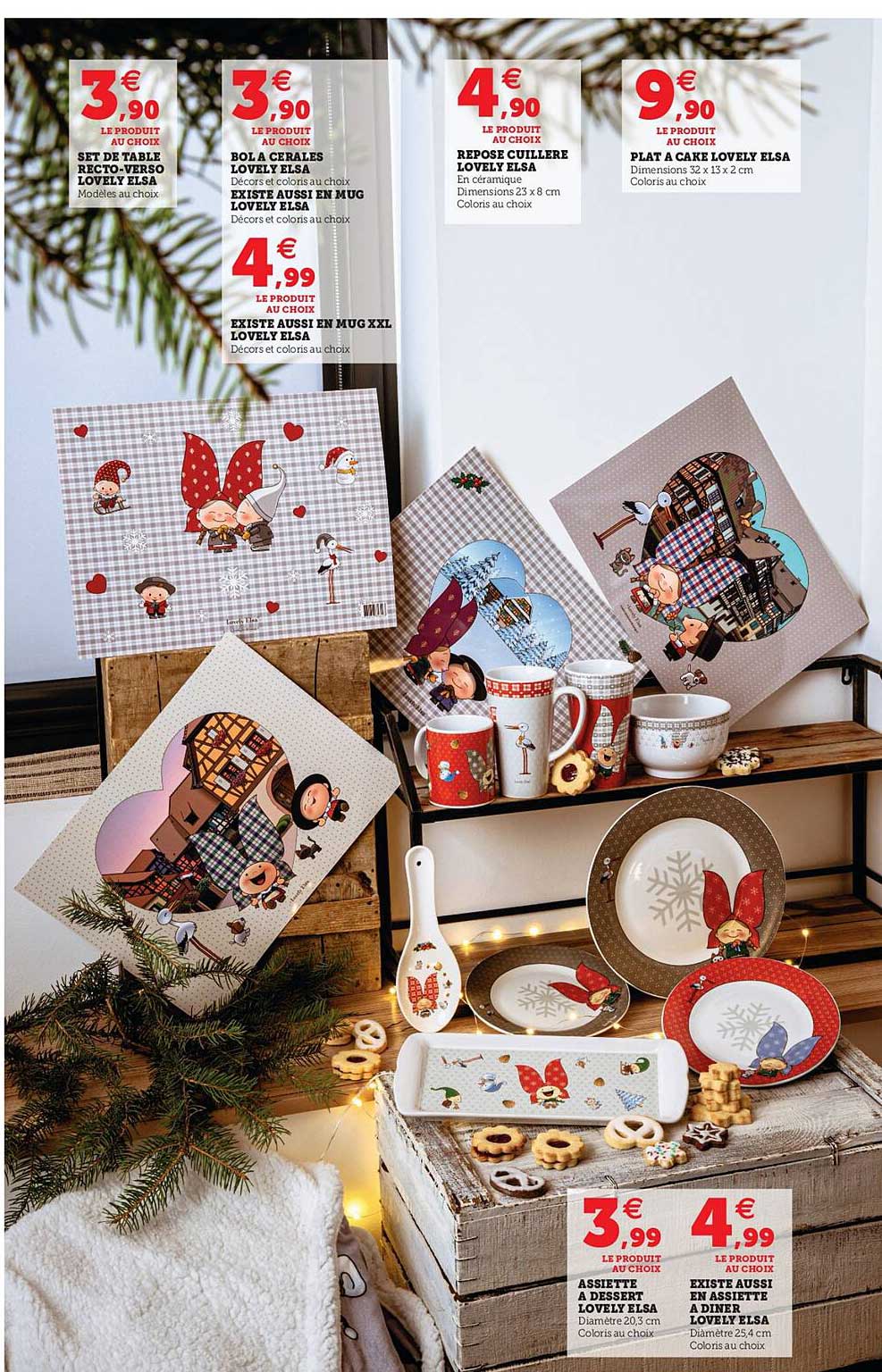 set de table recto-verso lovely elsa, bol à cérale lovely elsa, mug, repose cuillère, plat à cake, assiette à dessert, assiette à diner