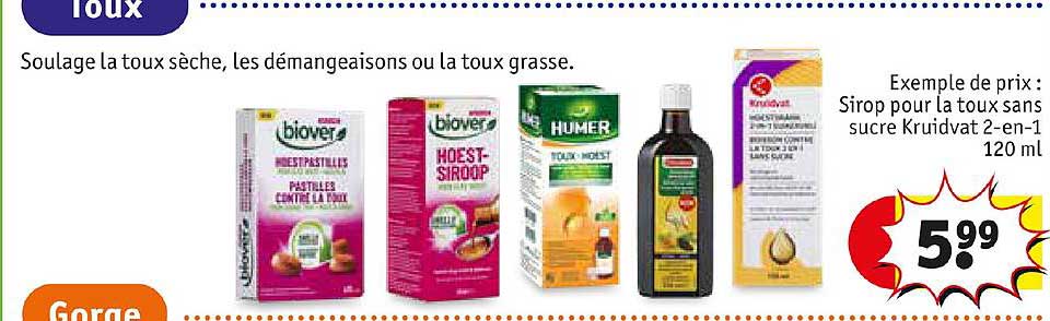 sirop pour la toux sans sucre kruidvat 2-en-1