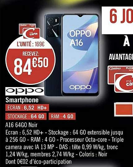smartphone a16 64go noir oppo