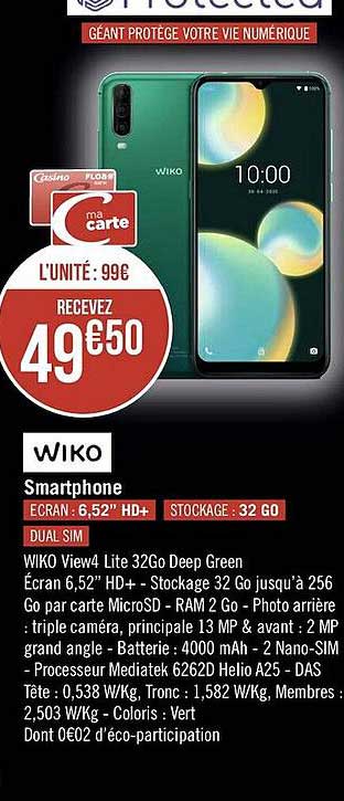 smartphone wiko view4 lite 32go deep green