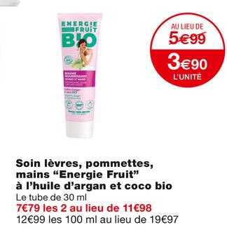 soin lèvres, pommettes, mains "energie fruit" à l'huile d'argan et coco bio