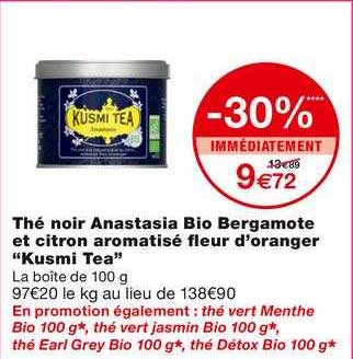 Thé Noir Anastasia Bio Bergamote Et Citron Aromatisé Fleur D'oranger "kusmi Tea"