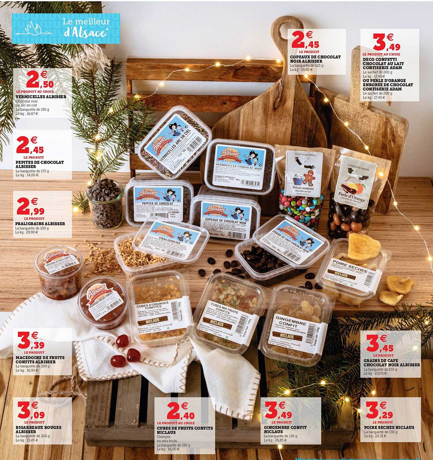 vermicelles albisser, pépites de chocolat, praligrains, macédoine de fruits confits, bigareaux rouge, cube de fruits confits niclaus, gingembre confit niclaus, poire séché niclaus, grains de café