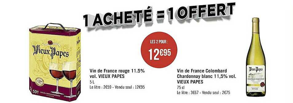 vin de france rouge 11.5% vol. vieux papes, vin de france colombard chardonnay blanc 11.5% vol. vieux papes