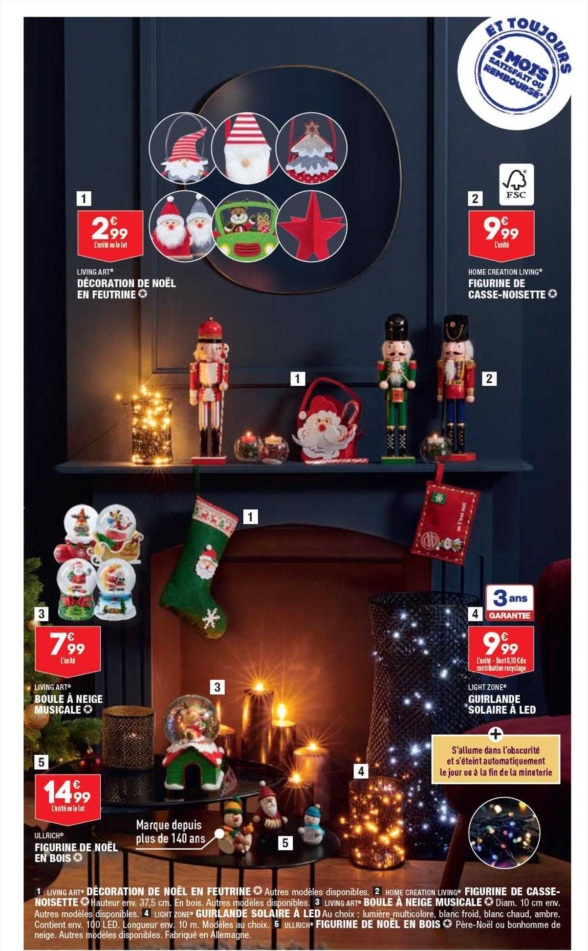 décoration de noël en feutrine living art, figurine de casse-noisette home création living, boule à neige musicale living art, guirlande solaire à led light zone, figurine de noël en bois ullrich