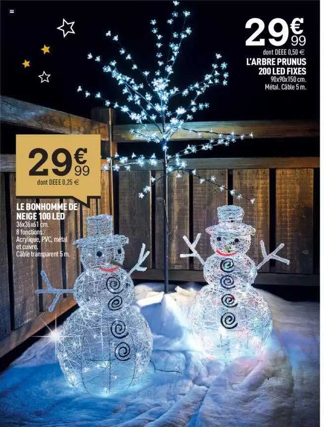 l'arbre prunus 200 led fixes, le bonhomme de neige 100 led