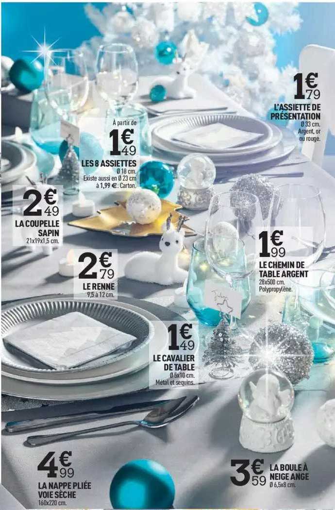 la coupelle sapin, les 8 assiettes, le renne, la nappe pliée voie sèche, le cavalier de table, la boule à neige ange, le chemin de table argent, l'assiette de présentation