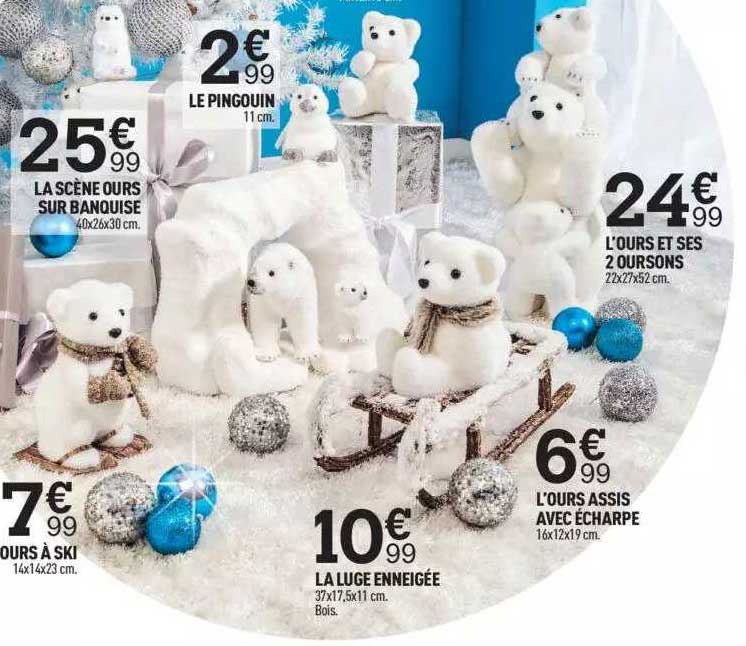 la scène ours sur banquise, le pingouin, ours à ski, la luge enneigée, l'ours assis avec écharpe, l'ours et ses 2 oursons