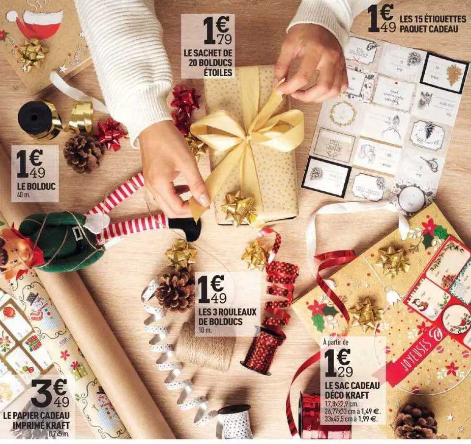 Le Bolduc, Le Papier Cadeau Imprimé Kraft, Les 3 Rouleaux De Bolducs, Le Sac Cadeau Déco Kraft, Le Sachet De 20 Bolducs étoiles, Les 15 étiquettes Paquet Cadeau