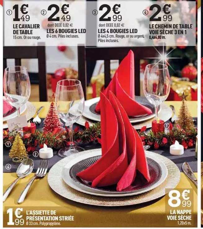 le cavalier de table, les 6 bougies led, les 4 bougies led, le chemin de table voie sèche 3 en 1, l'assiette de présentation striée, la nappe voie sèche