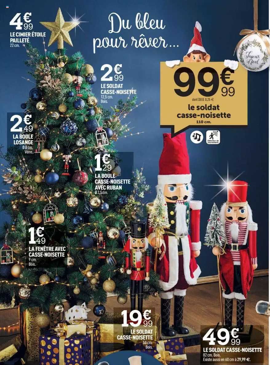 le cimier étoile pailleté, la boule losange, le soldat casse-noisette, la boule casse-noisette avec ruban, la fenêtre avec casse-noisette, le soldat casse-noisette, le soldat casse-noisette