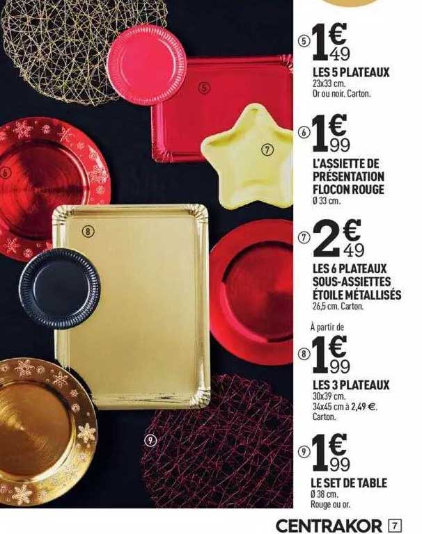 les 5 plateaux, l'assiette de présentation flocon rouge, les 6 plateaux sous-assiettes étoile métalisés, les 3 plateaux, le set de table