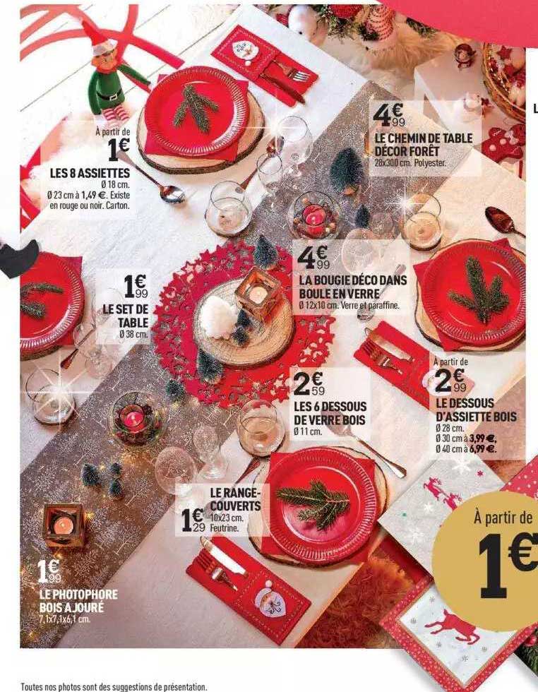 les 8 assiettese set de table, le range-couverts, les 6 dessous de verre bois, la bougie déco dans boule en verre, le chemin de table décor forêt, le dessous d'assiette bois