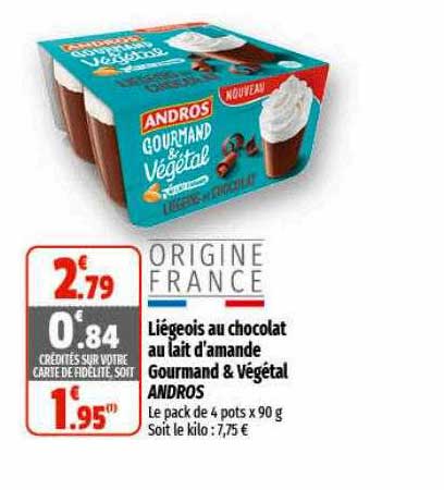 liégeois au chocolat au lait d'amande gourmand & végétal andros
