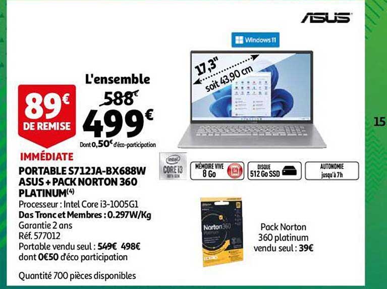 portable s712ja-bx688w asus + pack norton 360 platinum