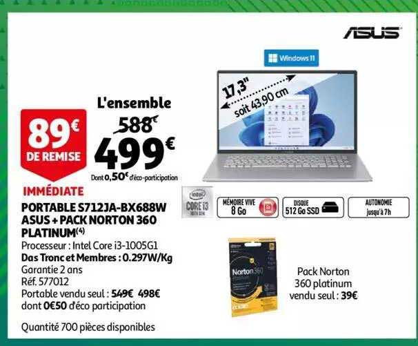 portable s712ja-bx688w asus + pack norton 360 platinum