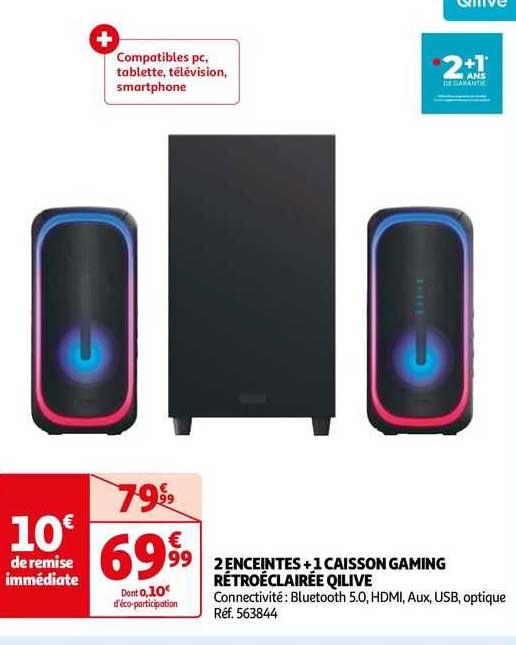 2 enceintes + 1 caisson gaming rétroéclairée qilive