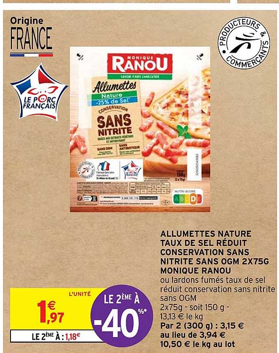 allumettes nature taux de sel réduit conservation sans nitrite sans ogm 2 x 75 g monique ranou