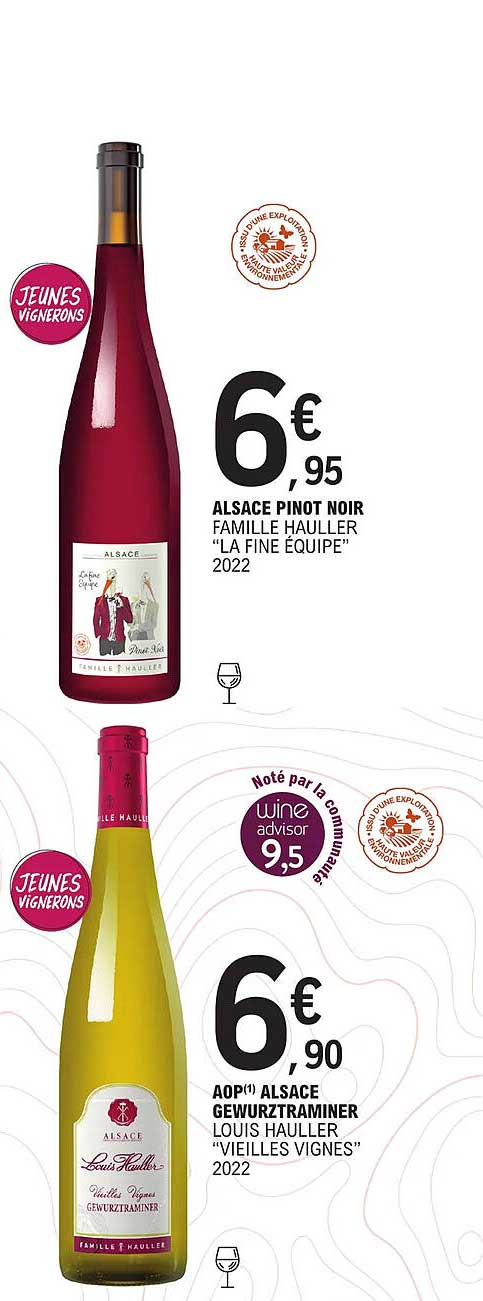 alsace pinot noir famille hauller "la fine équipe" 2022, aop alsace gewurztraminer louis hauller "vieilles vignes 2022