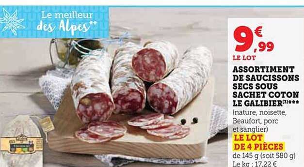 assortiment de saucissons secs sous sachet coton le galibier