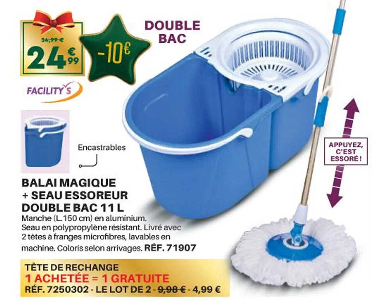 balai magique + seau essoreur double bac 11l 1 achetée = 1 gratuite
