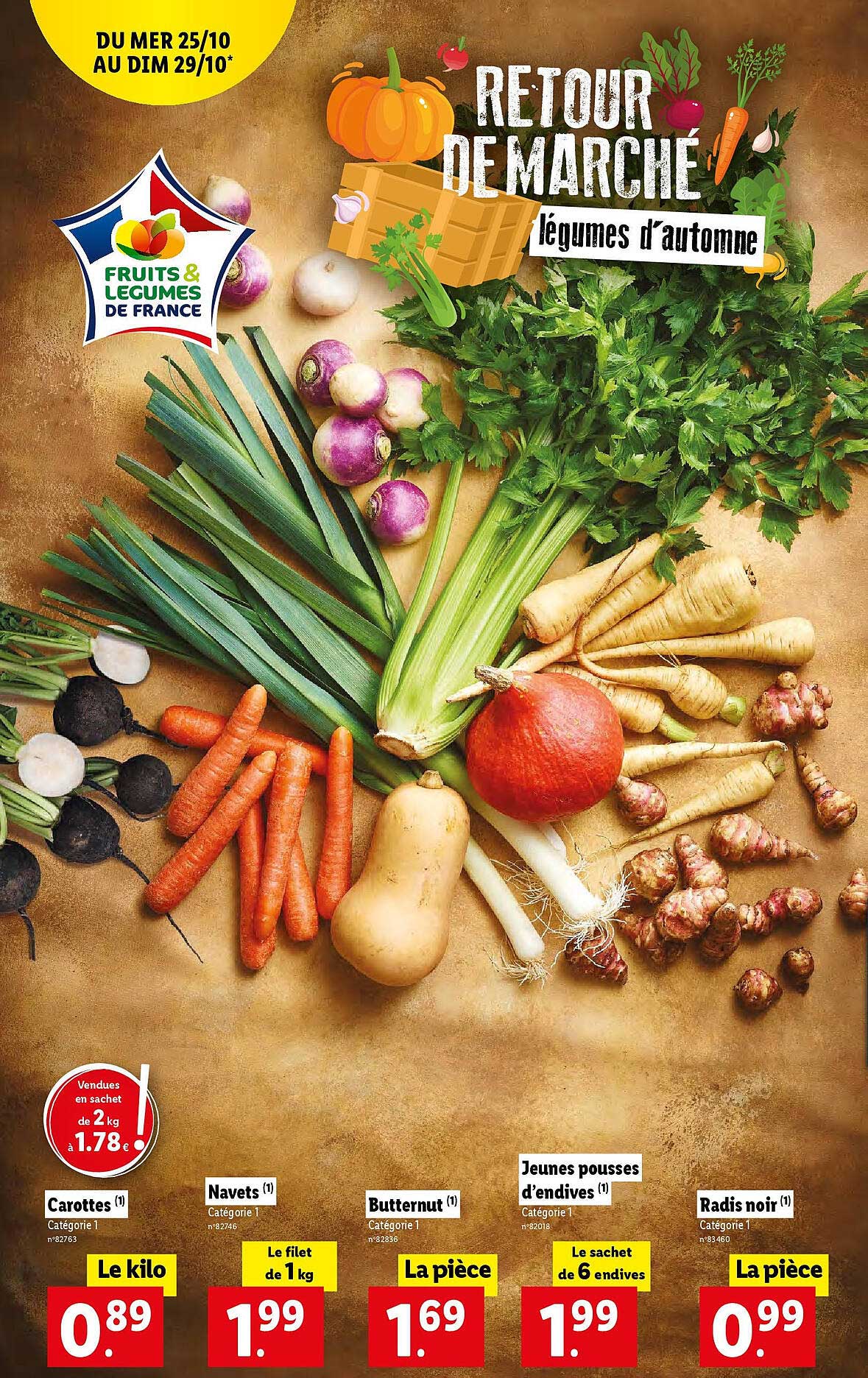 carottes, navets, butternut, jeunes pousses d'endives, radis noir