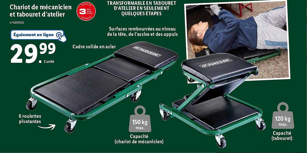 chariot de mécanicien et tabouret d'atelier parkside