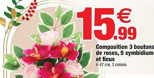 composition 3 boutons de roses 5 cymbidium et ficus