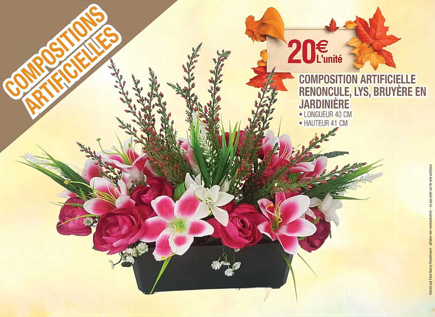 composition artificielle renoncule, lys, bruyère en jardinière