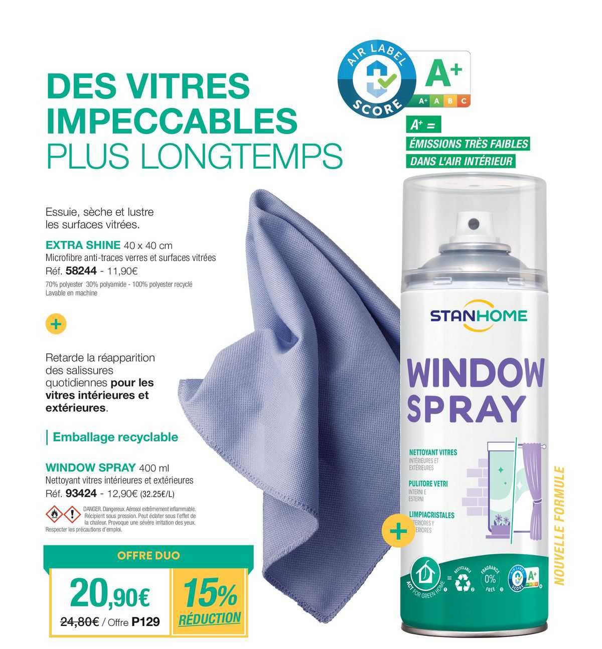 extra shine microfibre anti-traces verres et surface vitrées window spray nettoyant vitres intérieures et extérieures