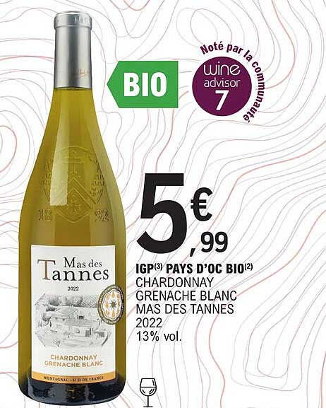 igp pays d'oc bio chardonnay grenache blanc mas des tannes 2022 13% vol.
