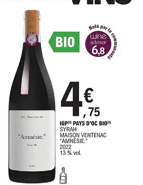 igp pays d'oc bio syrah maison ventenac "amnésie" 2022 13% vol.
