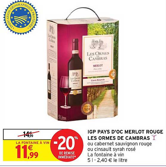 igp pays d'oc merlot rouge les ormes de cambras -20% de remise immédiate