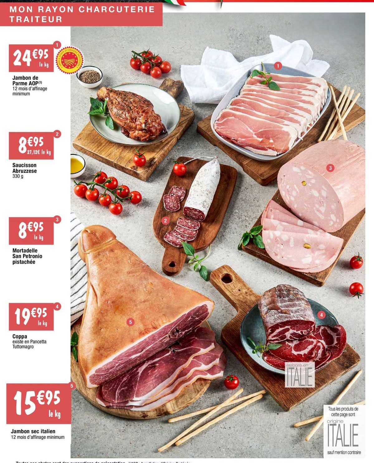 jambon de parme aop, saucisson abruzzese, mortadelle san petronio pistachée, coppa, jambon sec italien