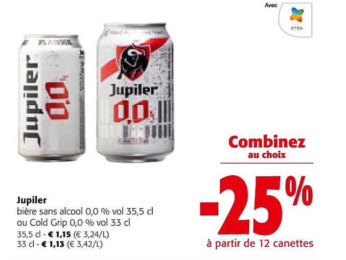 jupiler bière sans alcool 0.0% vol ou cold grip 0.0% vol