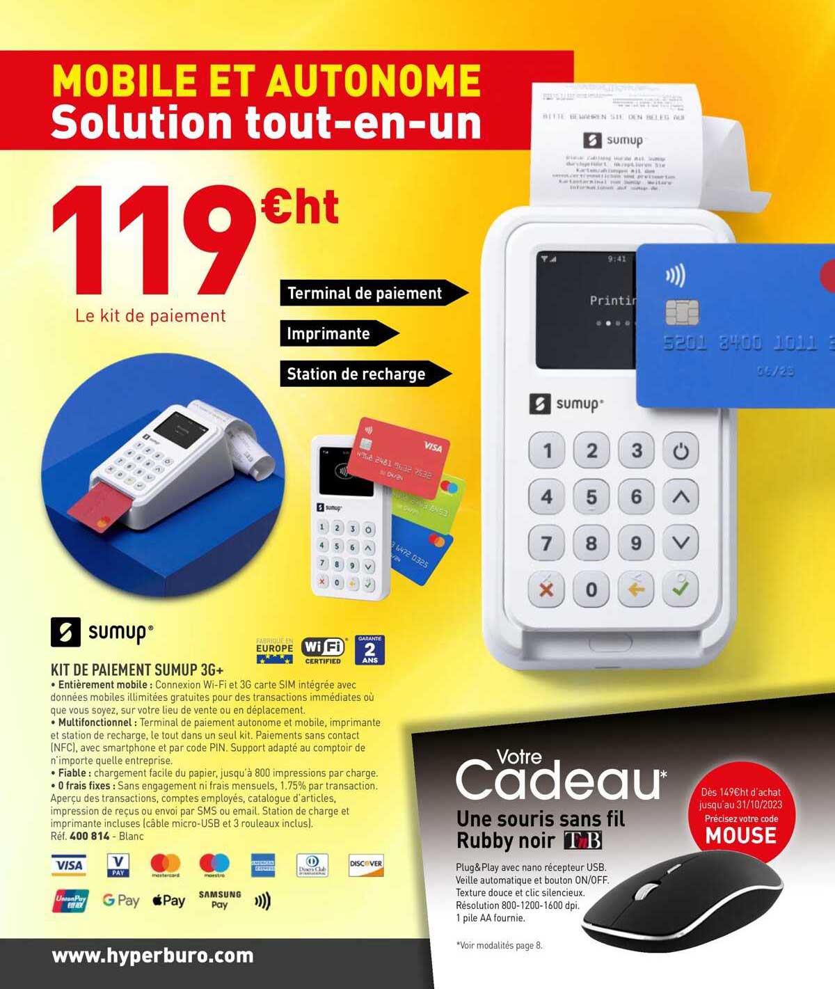 kit de paiement sumup, une souris sans fil rubby noir t'nb
