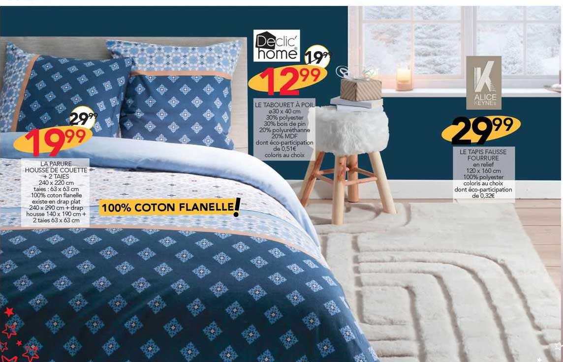 la paure housse de couette + 2 taies, le tabouret à poil, le tapis fausse fourrure