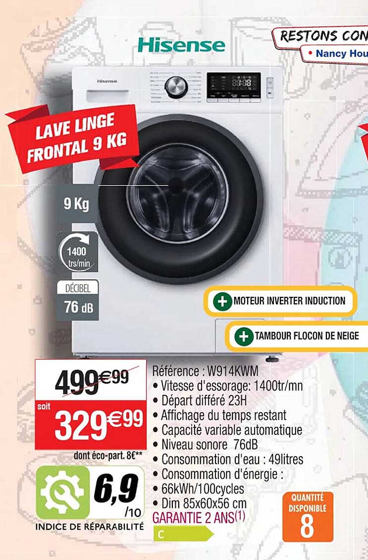 lave linge frontal 9 kg hisense