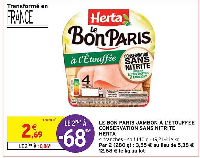 Le Bon Paris Jambon à L'étouffée Conservation Sans Nitrite Herta