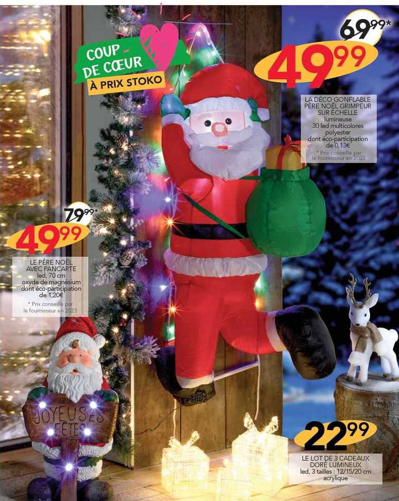 le père noël avec pancarte, la déco gonflable père noël grimpeur sur échelle, le lot de 2 cadeaux doré lumineux