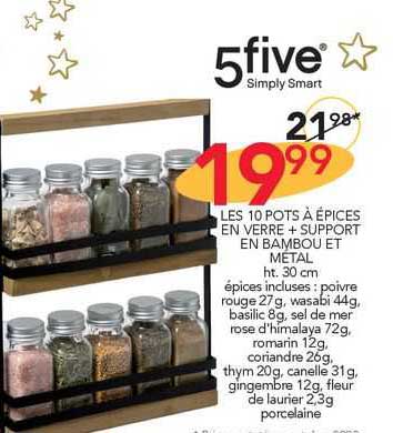 les 10 pots à épices en verre + support en bambou et métal