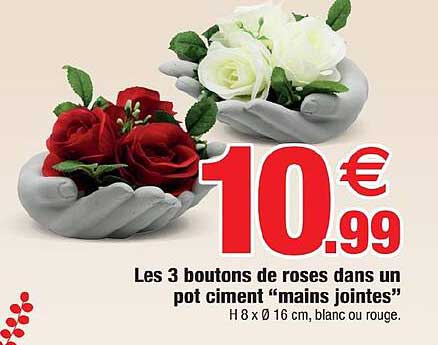 les 3 boutons de roses dans un pot ciment "mains jointes"