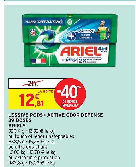 lessive pods+ active odor défense 39 doses ariel