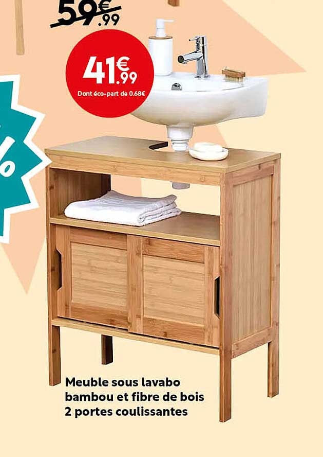 meuble sous lavabo bambou et fibre de bois 2 portes coulissantes