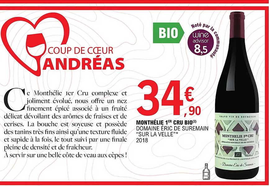Monthélie 1er Cru Bio Domaine éric De Suremain "sur La Velle" 2018