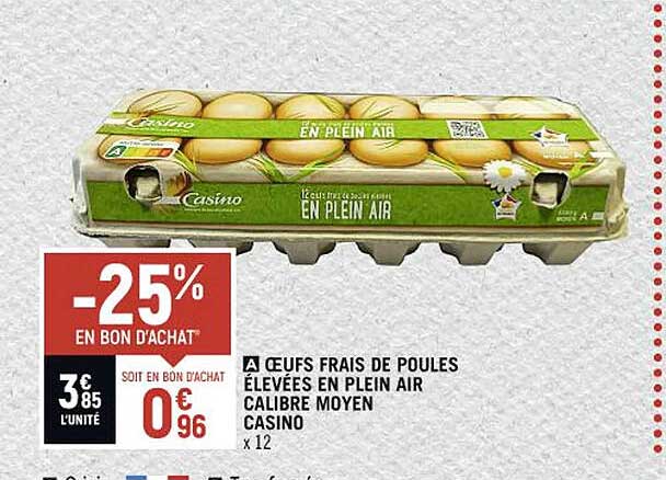 œufs frais de poules élevées en plein air calibre moyen casino