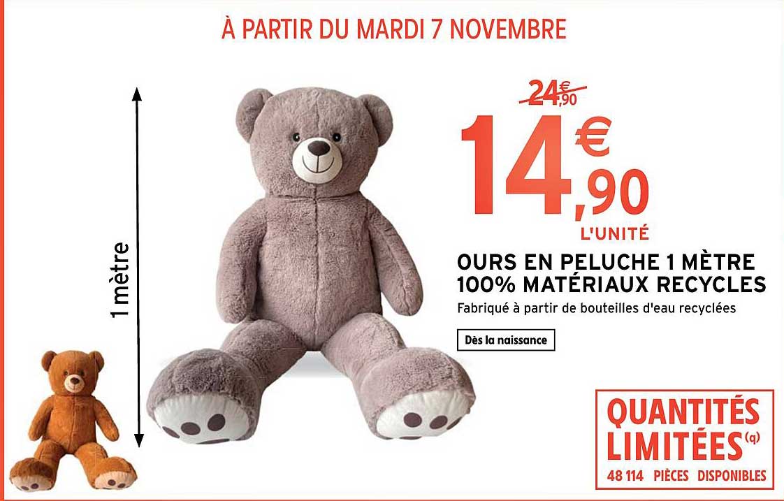 ours en peluche 1 mètre 100% matériaux recyclés