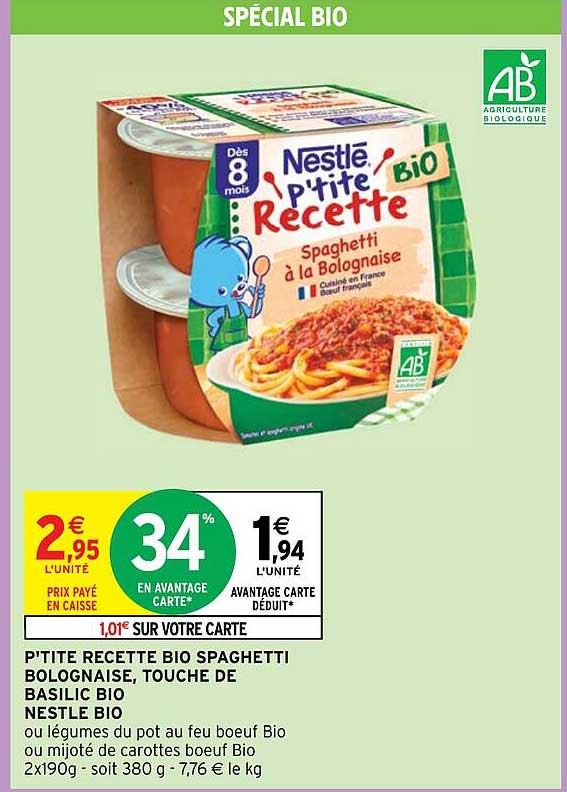 p'tite recette bio spaghetti bolognaise, touche de basilic bio nestlé bio