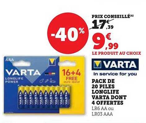 pack de 20 piles longlife varta dont 4 offertes
