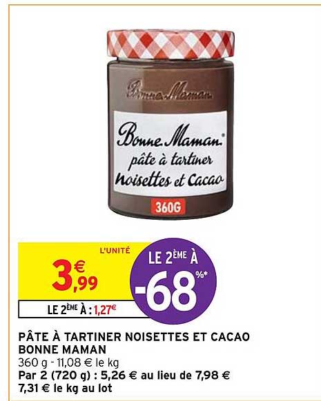 pâte à tartiner noisettes et cacao bonne maman le 2ème à -68%